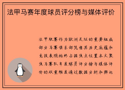 法甲马赛年度球员评分榜与媒体评价